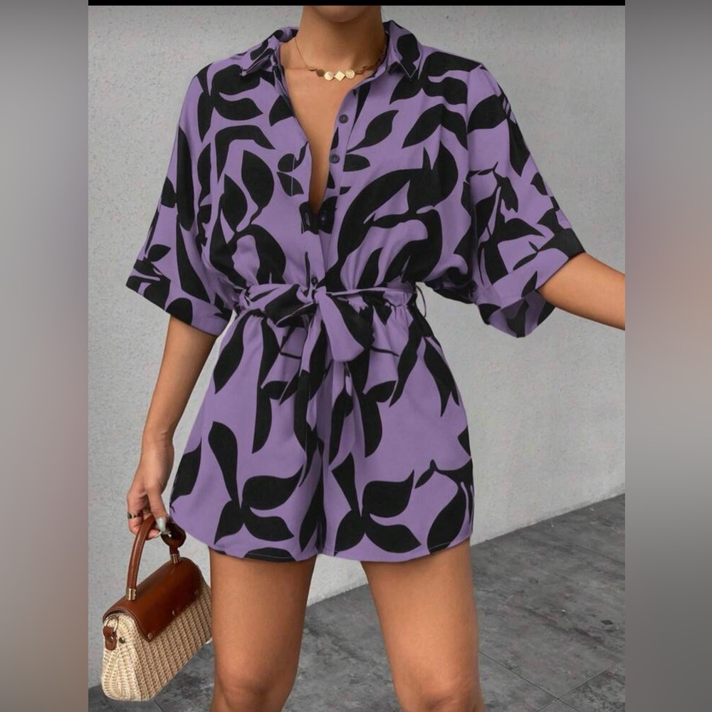 Purple & Black Leaf Print Tie-Waist Romper